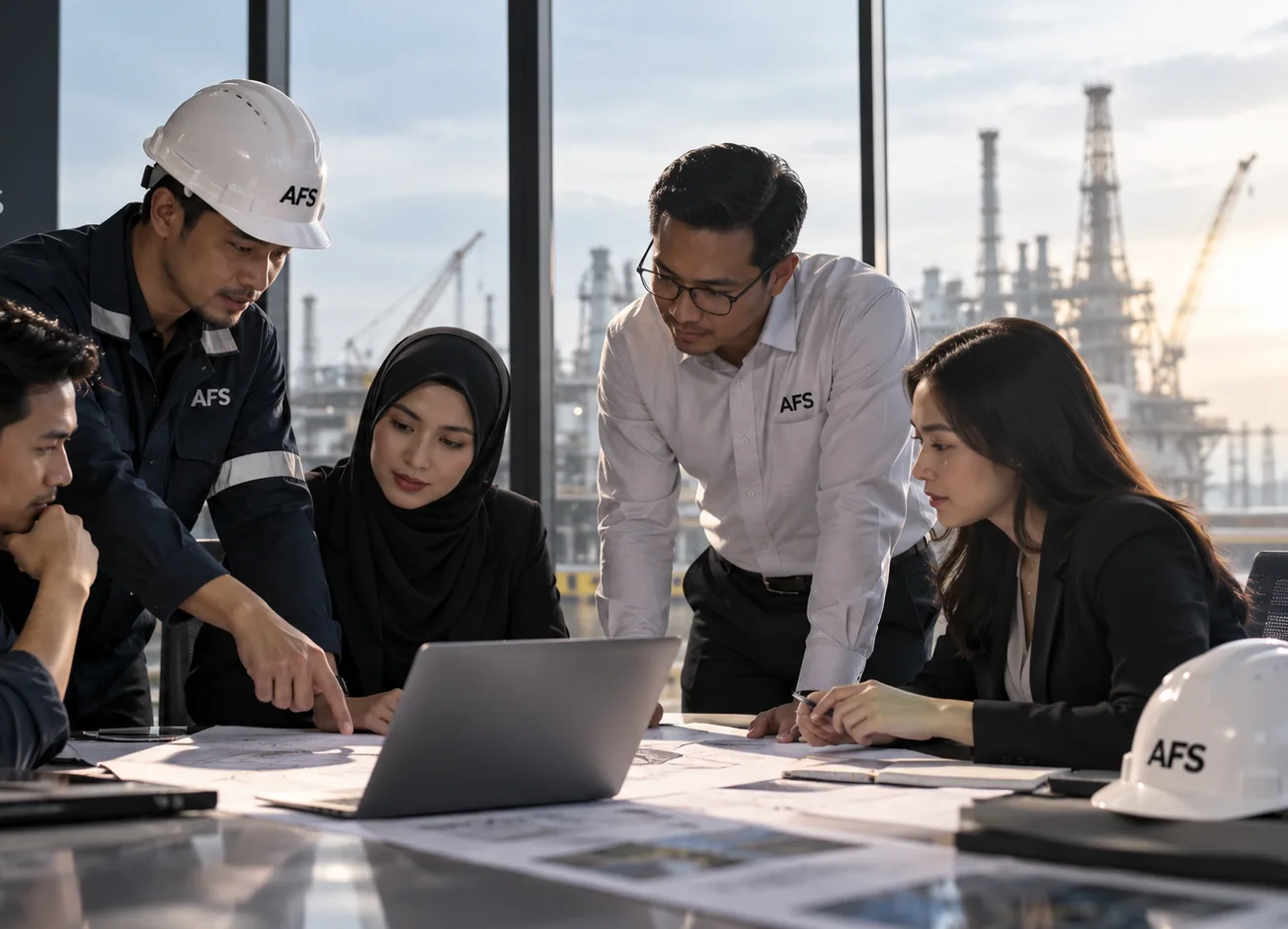 Team reviewing project plans on site